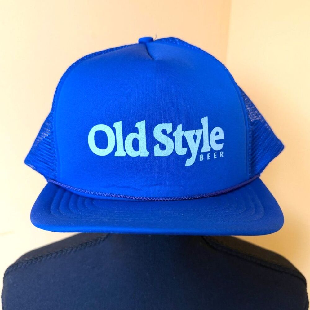 Vintage Old Style Beer Trucker Hat Royal Blue Mesh Snapback Rope Cap Retro VTG